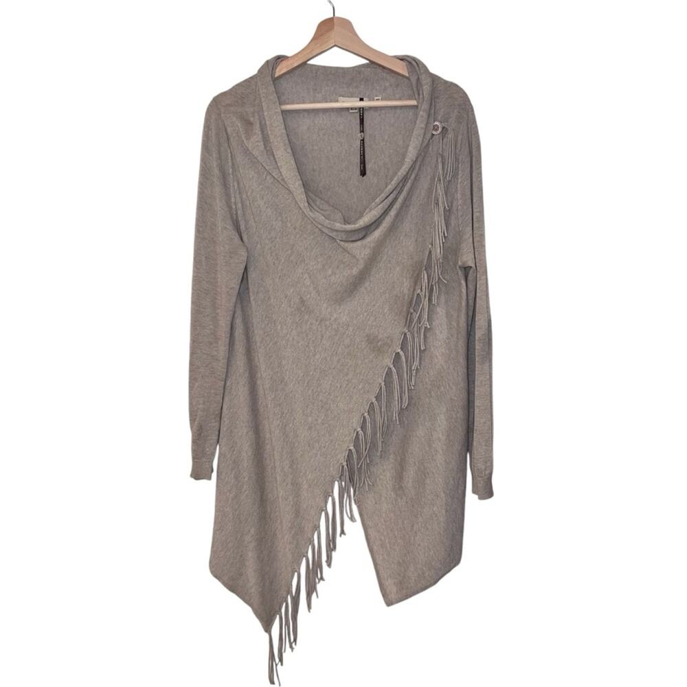 REPEAT Cotton Blend Cardigan With Asymmetric Front With Fringe Womens M